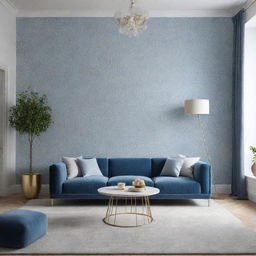 Render a luxurious, minimalist living room with touches of blue floral wallpaper.