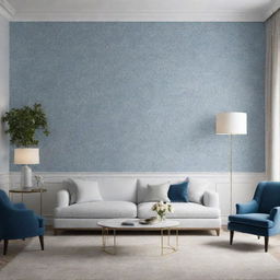 Render a luxurious, minimalist living room with touches of blue floral wallpaper.