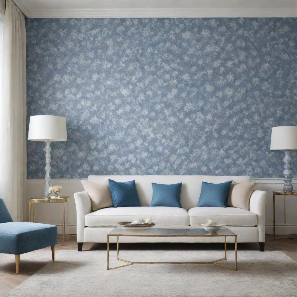 Visualize a luxurious, minimalist living room enhanced with touches of blue floral wallpaper.