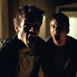 A terrifying horror scene featuring two attractive, athletic young men screaming in the background