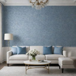 Visualize a luxurious, minimalist living room enhanced with touches of blue floral wallpaper.