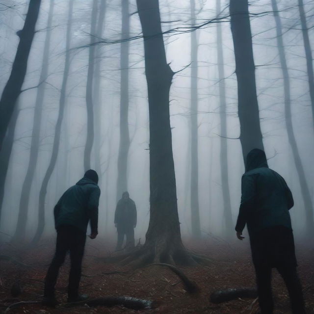 A horror scene set in a dark, eerie forest