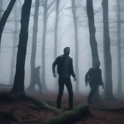 A horror scene set in a dark, eerie forest