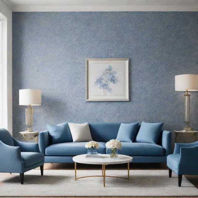 Visualize a luxurious, minimalist living room enhanced with touches of blue floral wallpaper.