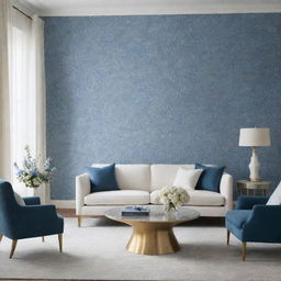 Visualize a luxurious, minimalist living room enhanced with touches of blue floral wallpaper.