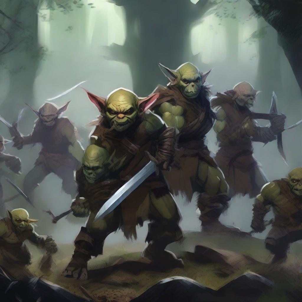 A group of goblin fighters in a fantasy setting, wielding various weapons and wearing rugged armor