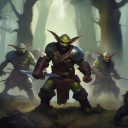 A group of goblin fighters in a fantasy setting, wielding various weapons and wearing rugged armor