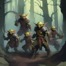 A group of goblin fighters in a fantasy setting, wielding various weapons and wearing rugged armor