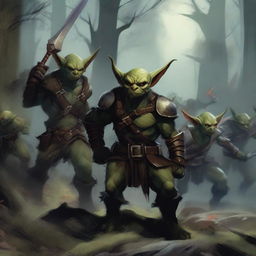 A group of goblin fighters in a fantasy setting, wielding various weapons and wearing rugged armor