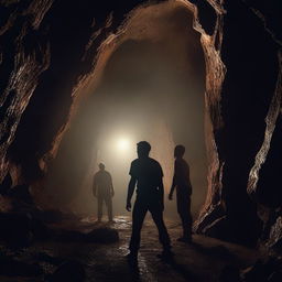 A horror scene set in a dark, underground cavern