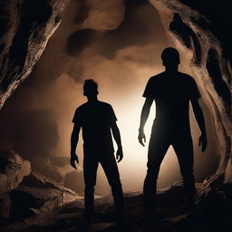 A horror scene set in a dark, underground cavern