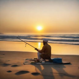 An Iranian fisherman sits by the shore, his fishing gear beside him, as he paints a beautiful seascape on a canvas