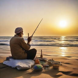 An Iranian fisherman sits by the shore, his fishing gear beside him, as he paints a beautiful seascape on a canvas