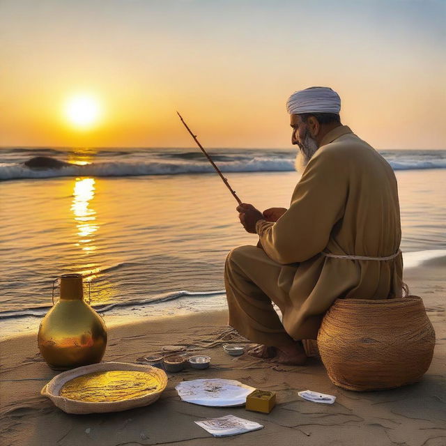 An Iranian fisherman sits by the shore, his fishing gear beside him, as he paints a beautiful seascape on a canvas