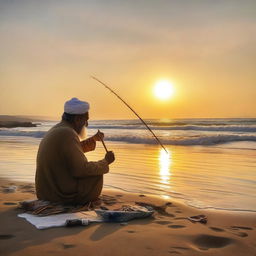 An Iranian fisherman sits by the shore, his fishing gear beside him, as he paints a beautiful seascape on a canvas