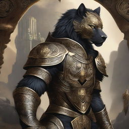 A majestic black leonin warrior adorned in intricate golden armor