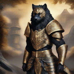 A majestic black leonin warrior adorned in intricate golden armor