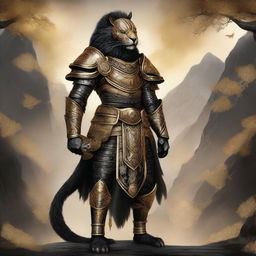 A majestic black leonin warrior adorned in intricate golden armor