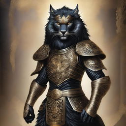 A majestic black leonin warrior adorned in intricate golden armor