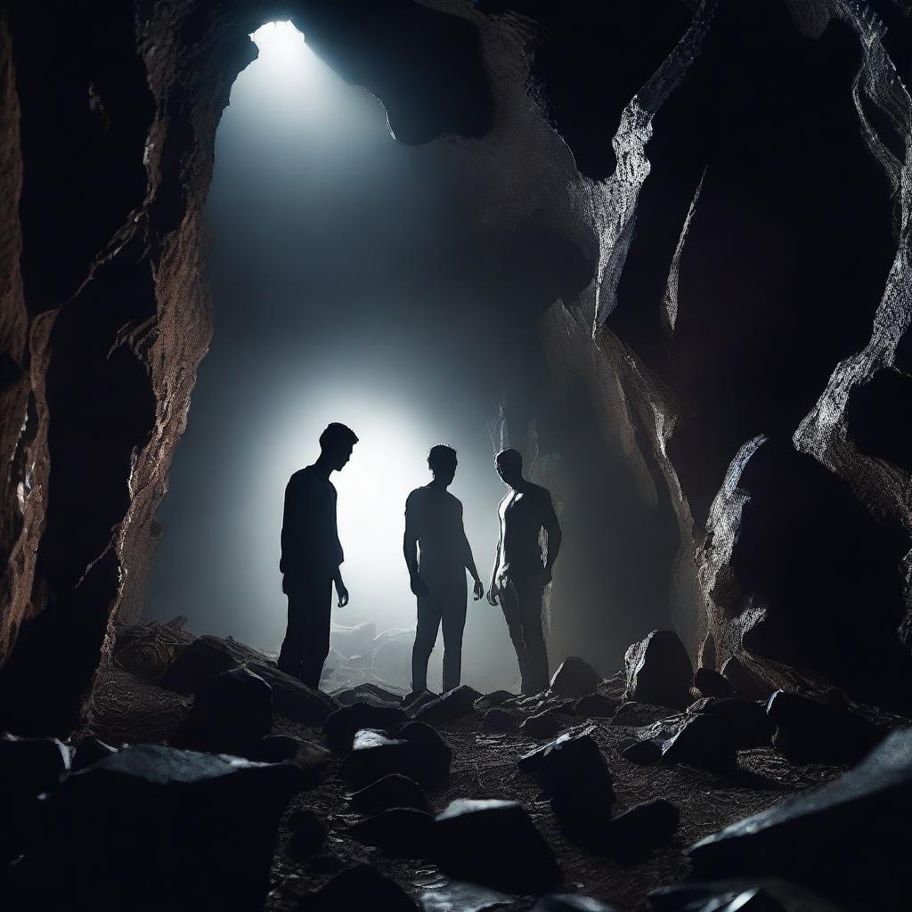 A horror scene set in a dark, underground cavern