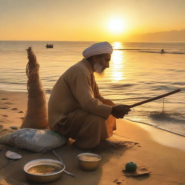 A short film poster featuring an Iranian fisherman who paints after fishing