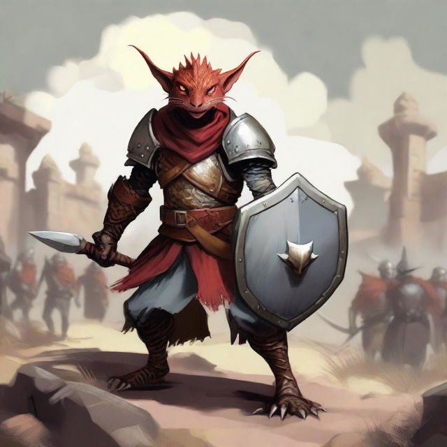 A fierce kobold fighter standing in a battle-ready pose