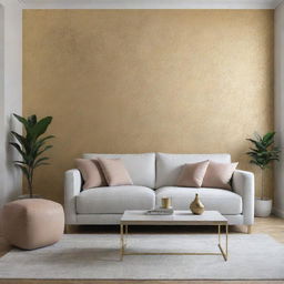 Design a luxurious, minimalist living room with touches of gold wallpaper.