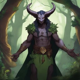 A majestic druid tiefling standing in a lush, enchanted forest