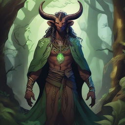 A majestic druid tiefling standing in a lush, enchanted forest