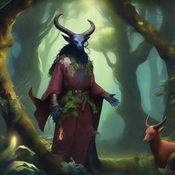 A majestic druid tiefling standing in a lush, enchanted forest