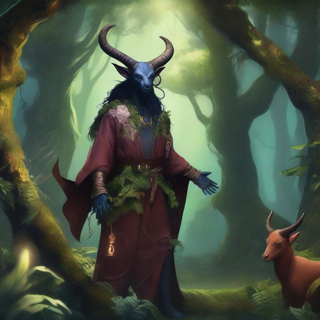 A majestic druid tiefling standing in a lush, enchanted forest