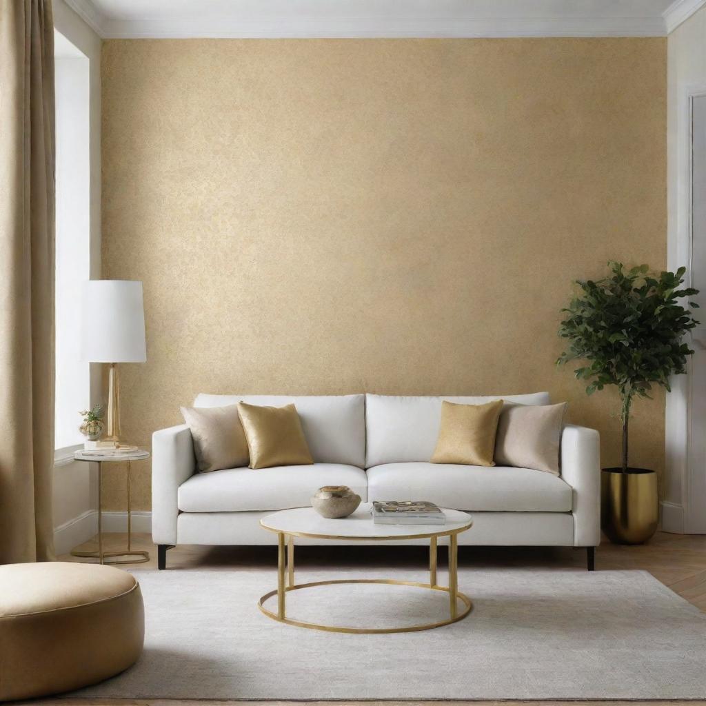 Design a luxurious, minimalist living room with touches of gold wallpaper.