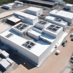 Aerial drone shot capturing a large building with a complex ducted system