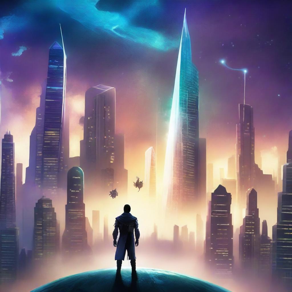 A captivating science fiction and fantasy book cover featuring a futuristic cityscape with towering skyscrapers, flying vehicles, and a mystical portal