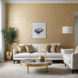 Design a luxurious, minimalist living room with touches of gold wallpaper.