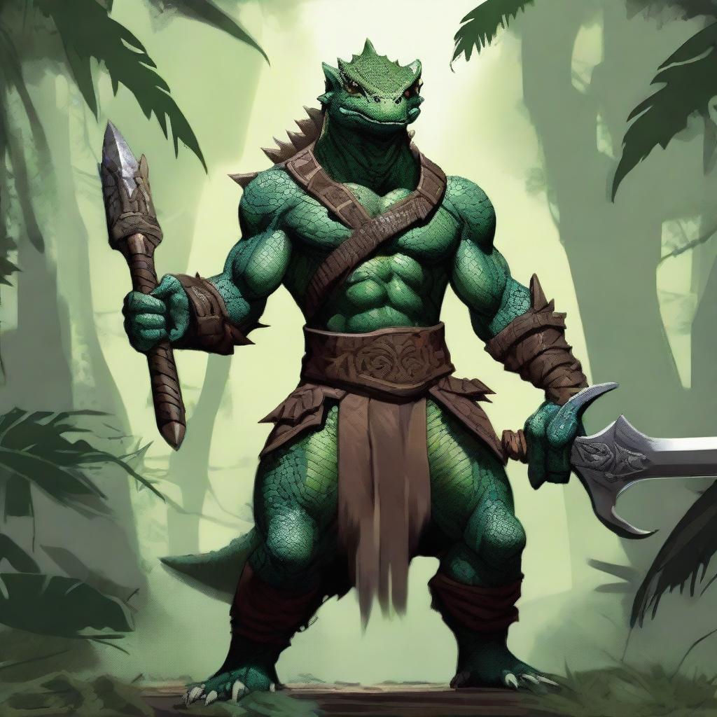 A fierce lizardman fighter standing ready for battle