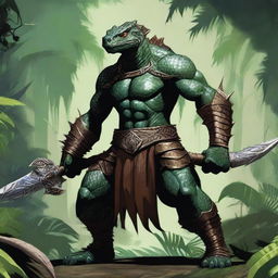 A fierce lizardman fighter standing ready for battle