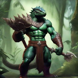 A fierce lizardman fighter standing ready for battle