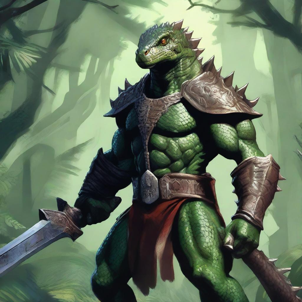 A fierce lizardman fighter standing ready for battle