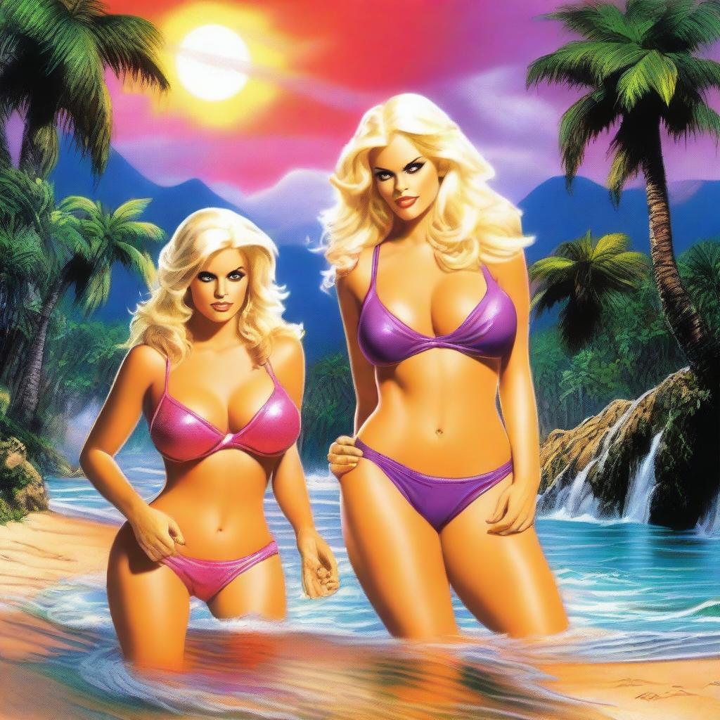 Anna Nicole Smith and Denise Milani engage in a fantasy battle, both wearing bikinis