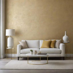 Design a luxurious, minimalist living room with touches of gold wallpaper.