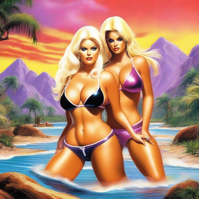 Anna Nicole Smith and Denise Milani engage in a fantasy battle, both wearing bikinis