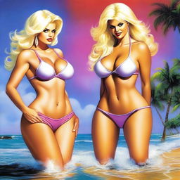 Anna Nicole Smith and Denise Milani engage in a fantasy battle, both wearing bikinis