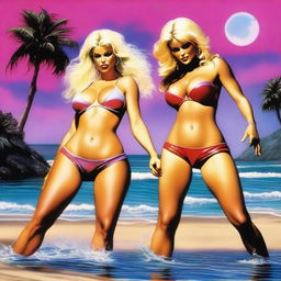 Anna Nicole Smith and Denise Milani engage in a fantasy battle, both wearing bikinis