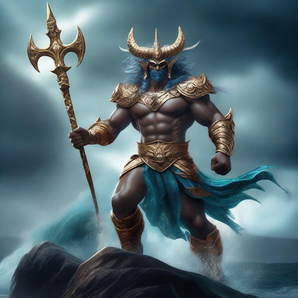 A powerful Triton fighter standing on a rocky shore, holding a trident and wearing ornate armor with oceanic motifs