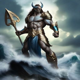 A powerful Triton fighter standing on a rocky shore, holding a trident and wearing ornate armor with oceanic motifs