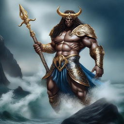 A powerful Triton fighter standing on a rocky shore, holding a trident and wearing ornate armor with oceanic motifs