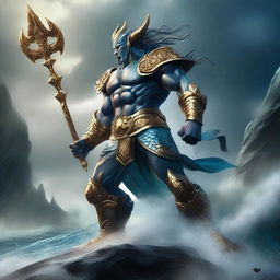 A powerful Triton fighter standing on a rocky shore, holding a trident and wearing ornate armor with oceanic motifs