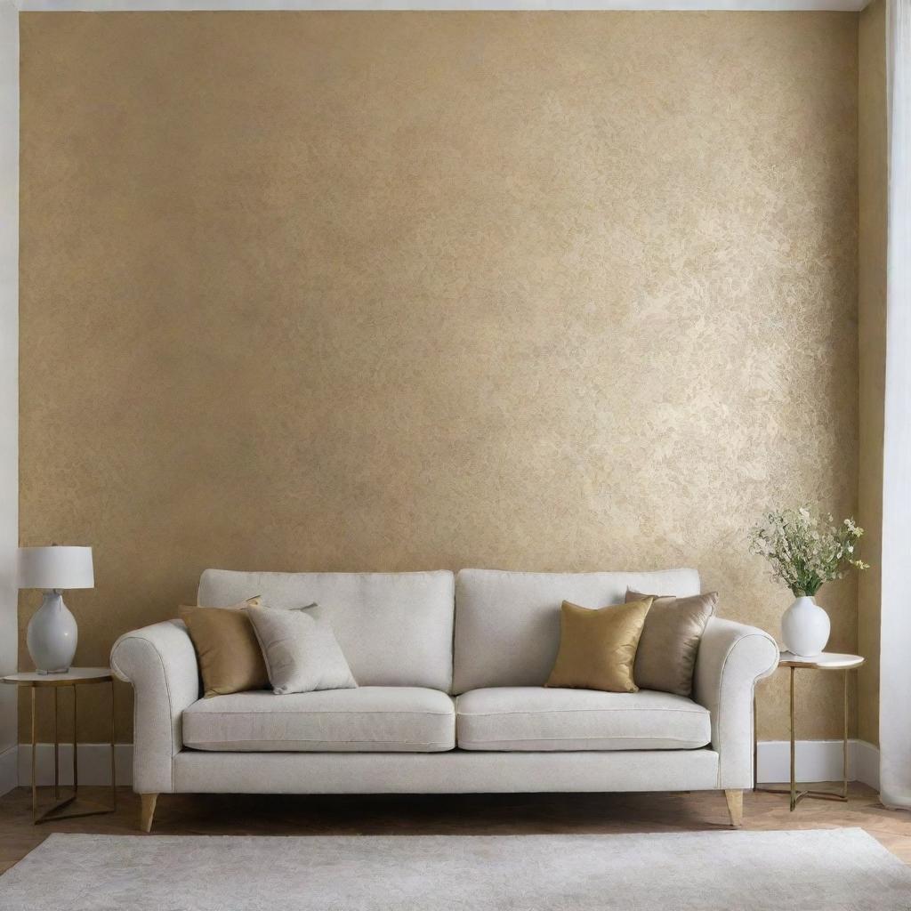 Create a luxurious minimalist living room with touches of patterned gold wallpaper.