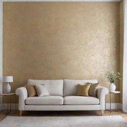 Create a luxurious minimalist living room with touches of patterned gold wallpaper.